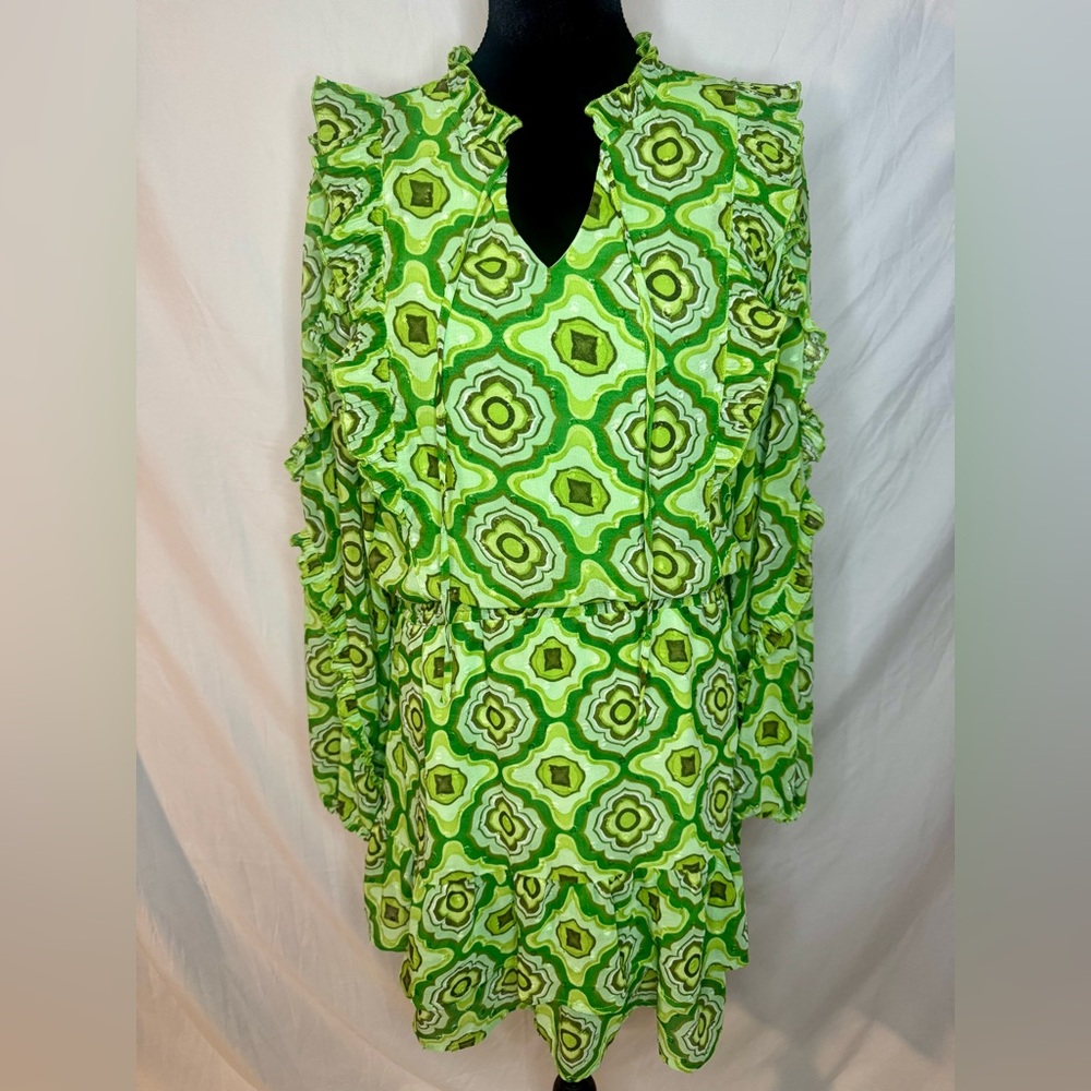 ESQUALO Green Geometric Long Sleeve Dress